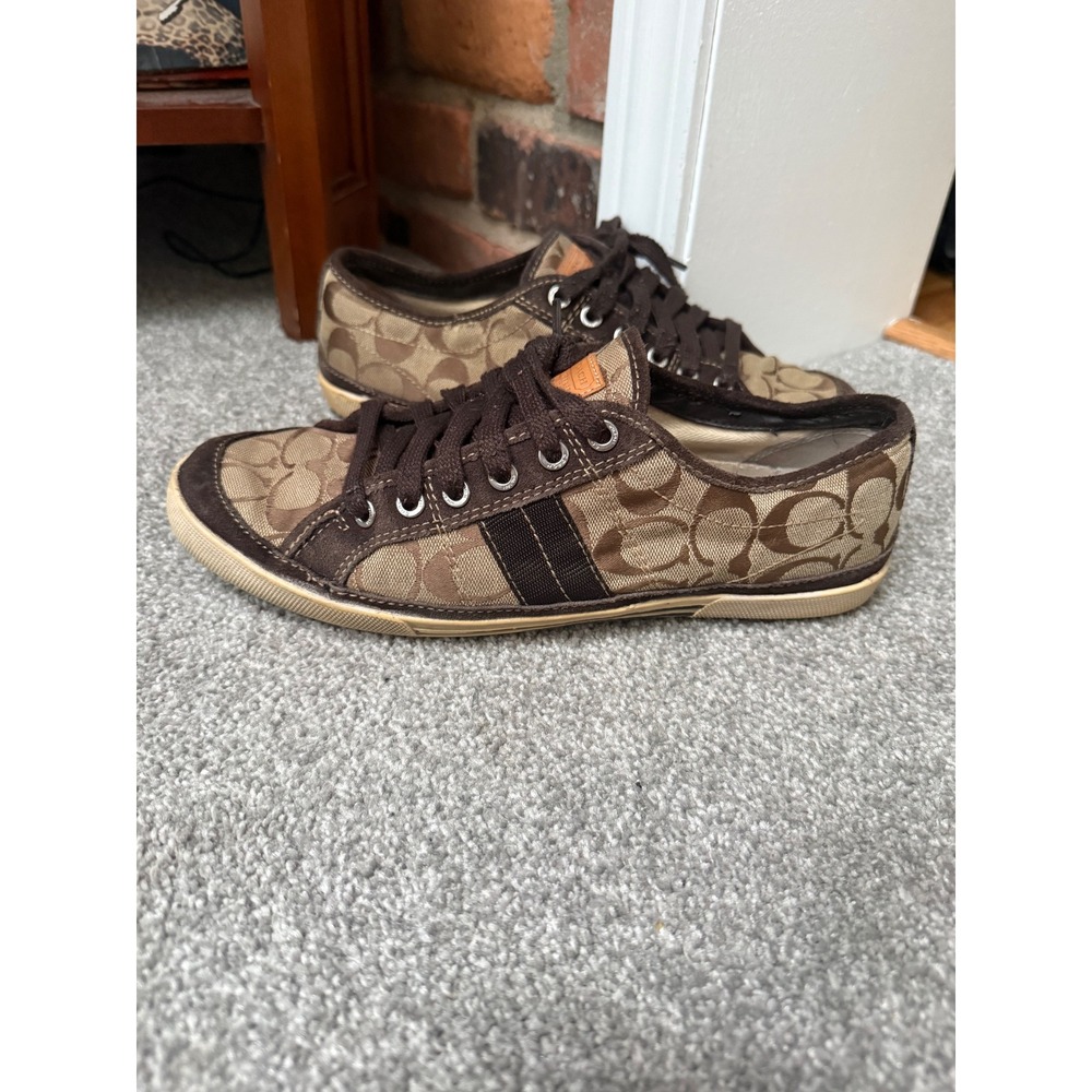 Coach Brad Signature Jacquard Brown Khaki Suede Trim Sneakers  10.5M